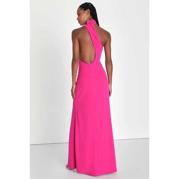 Lulus Keep It Interesting Asymmetrical Cutout Halter Maxi Dress Hot Pink Size S - Picture 3 of 11